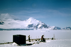 30 October 1963 1/250 f16 Hut at Shingle Cove (start of successful ascent of Wave Peak, Andy & Barry in picture.  Barry decided not to make the ascent)